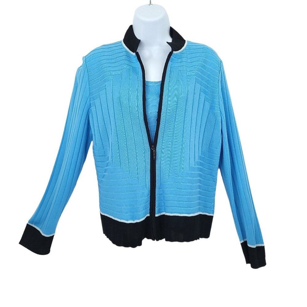 Ming Wang Twin Set Cardigan Tank Top READ Womens Size S Blue Full Zip Sweater